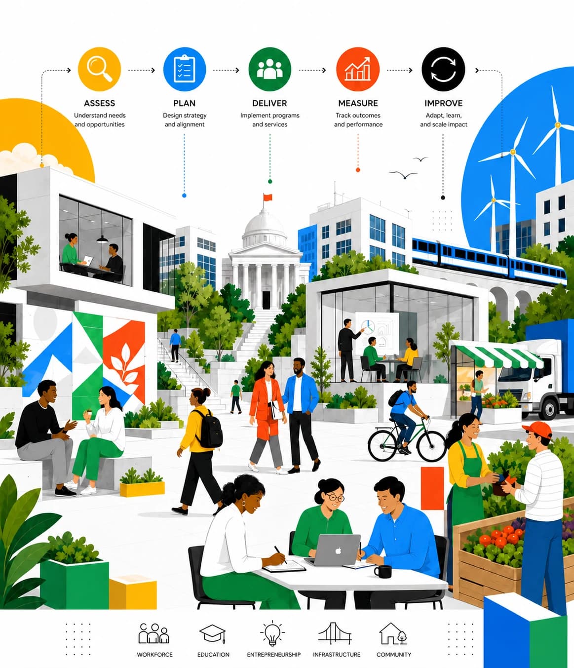 Editorial operating-model poster showing assess, plan, deliver, measure, and improve across institutions, employers, infrastructure, and community.